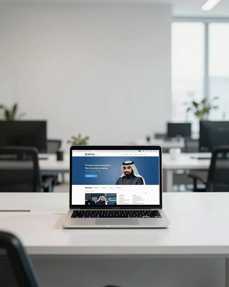 Editorial photograph of a modern Saudi office desk with a laptop